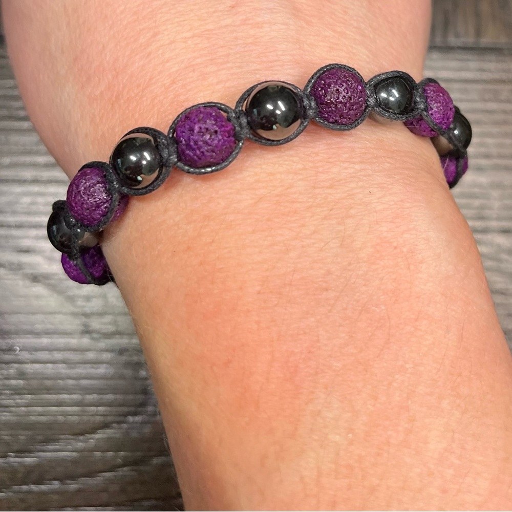 Handmade Purple Lava and Hematite Beaded Hemp Bracelet